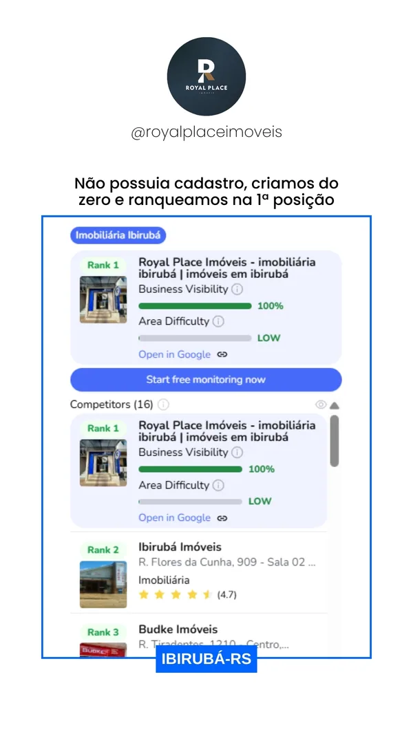 Resultado real no Google: Royal Place Imóveis em primeira posição em Ibirubá, RS