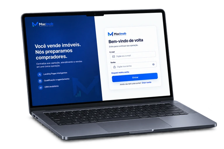 Notebook em 3D exibindo a tela de login do MacImob