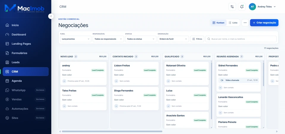 Tela real do CRM MacImob com negociações organizadas em Kanban