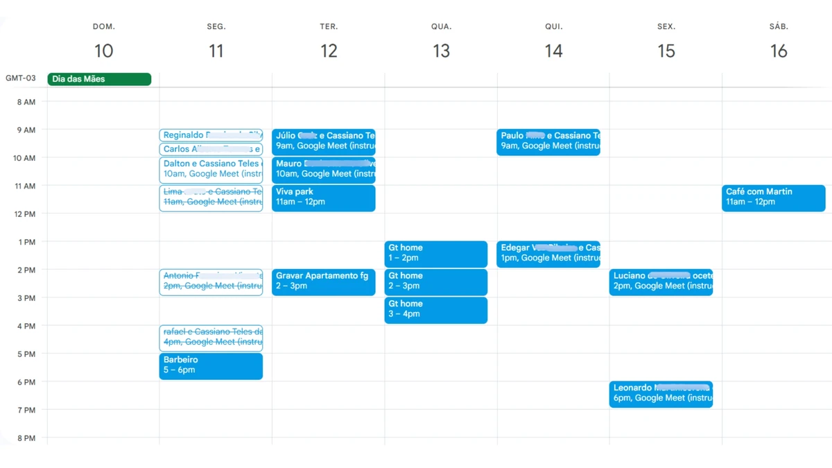 Agenda real anonimizada com doze videochamadas agendadas em uma semana