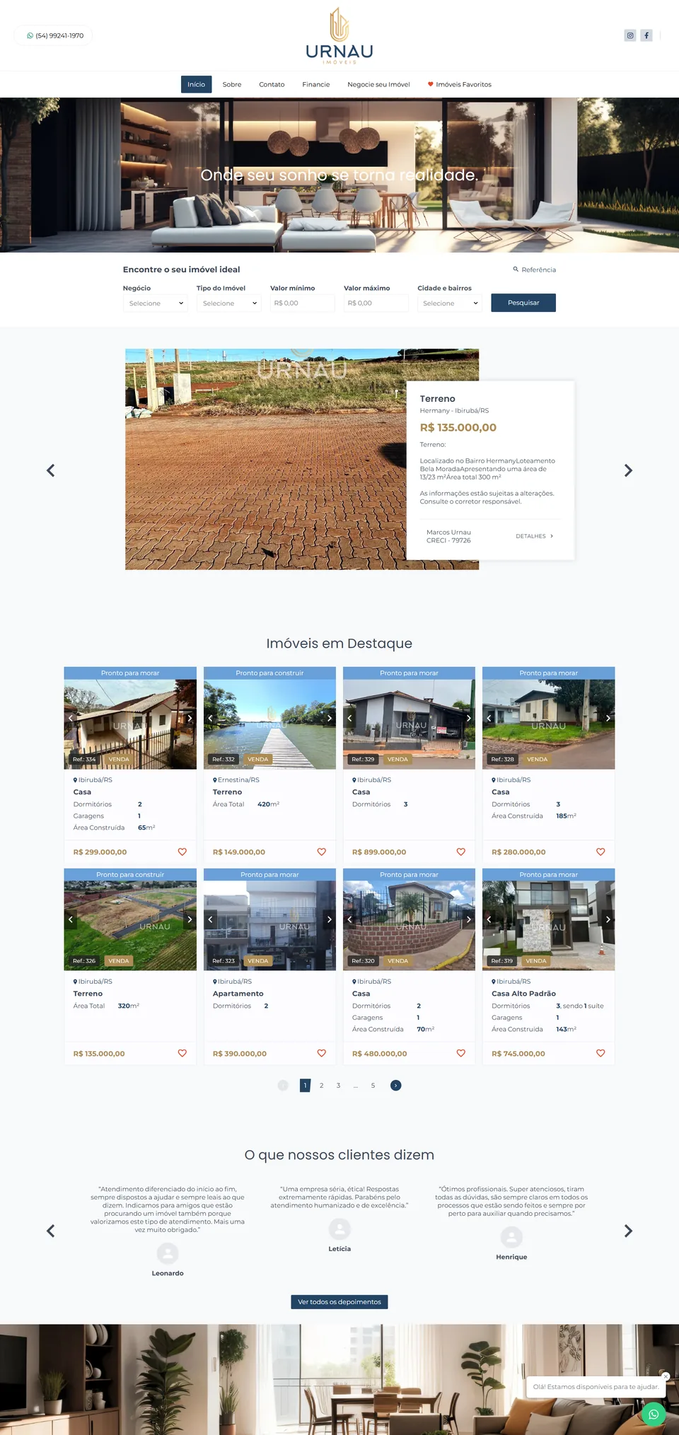 Portal imobiliário real desenvolvido para Urnau Imóveis